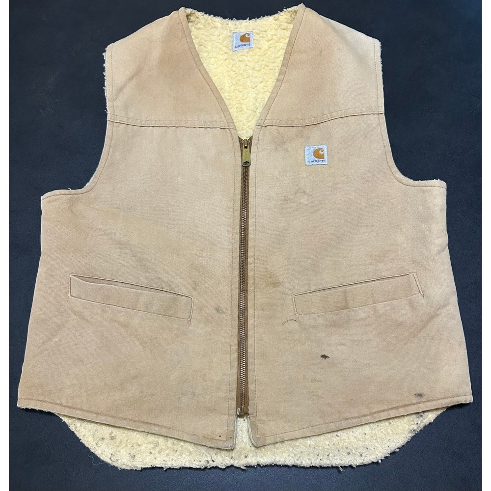 VTG Carhartt Vest Mens L Tan Thrashed Sherpa Lined Duck Canvas Workwear 6SV
